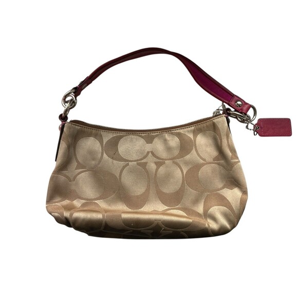 Y2K Coach Signature Shoulder Bag 13833 Tan "C" Canvas Red Leather Trim Hobo Logo - Picture 5 of 13